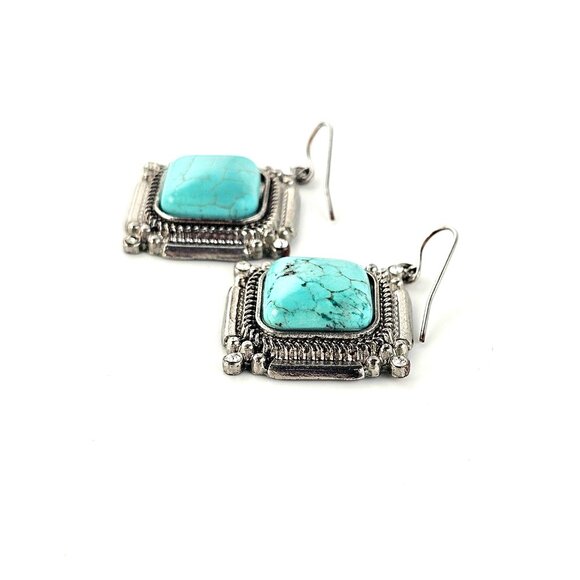Faux Turquoise Silver Tone Drop Earrings Square Western Boho Statement - Picture 4 of 5